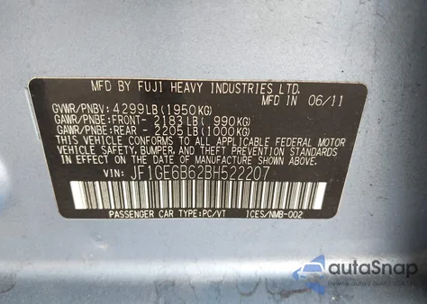 2011 Subaru Impreza 2.5I Premium from USA, damaged, VIN JF1GE6B62BH522207